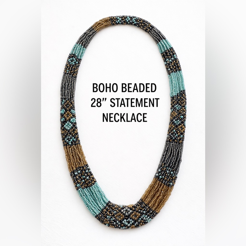 Boho Beaded 28” Statement Necklace | Multi-Strand Seed Bead Tribal Inspired